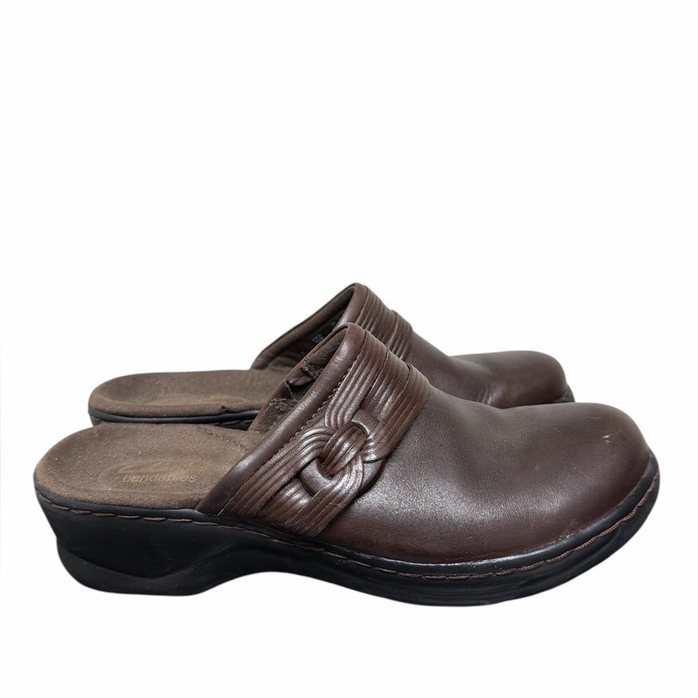 Clarks Bendables Clogs Womens 7N Brown Leather Braidedโ Strap Mules
